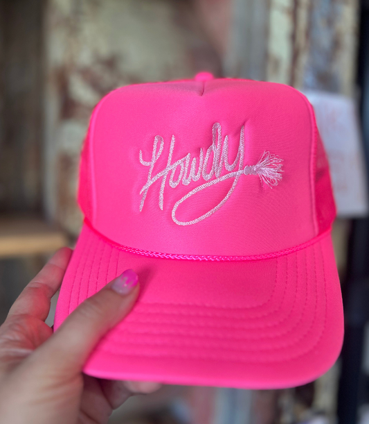 Embroidered Howdy with Fringe Rope - Hot Pink Otto Trucker