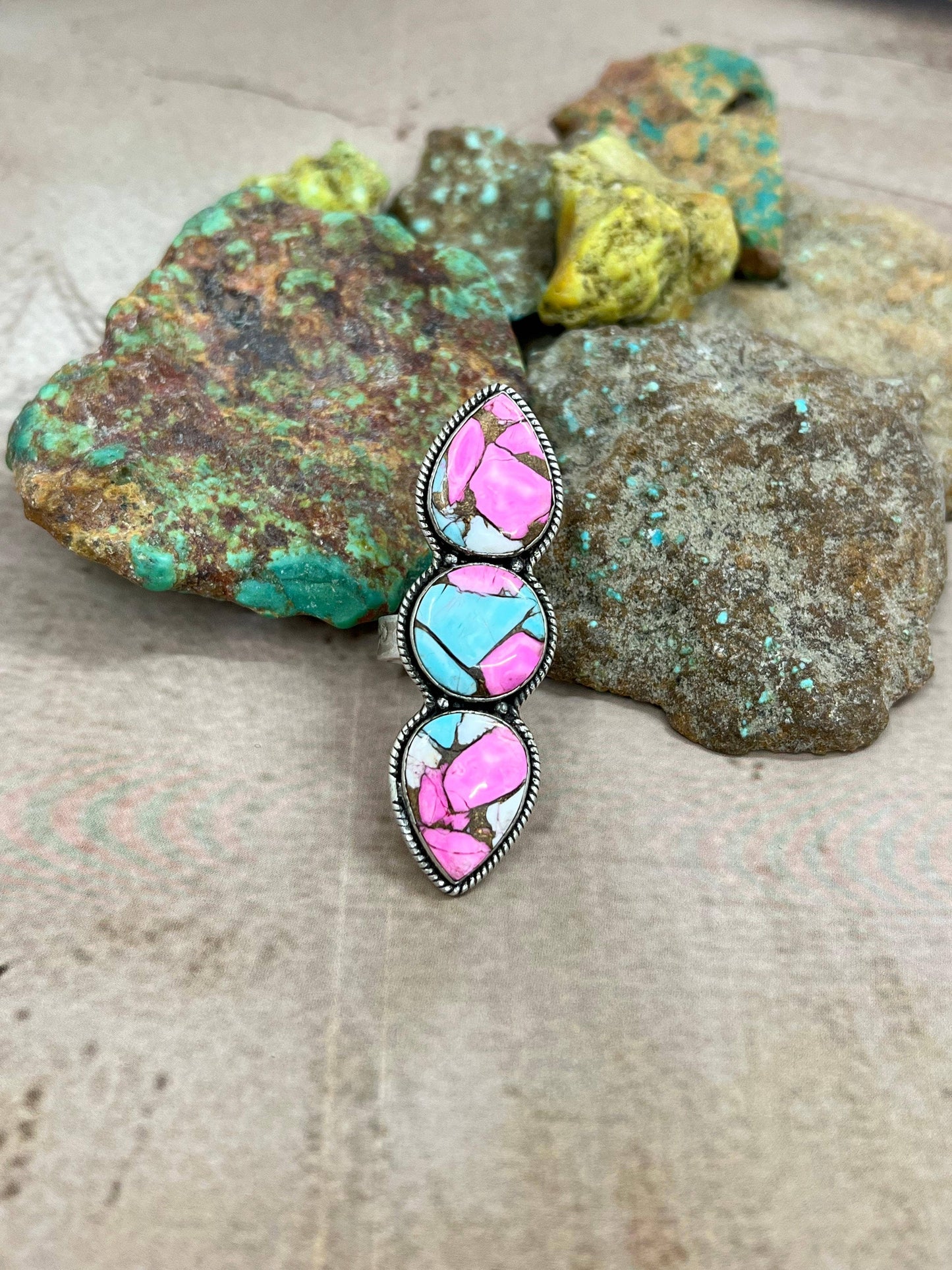 Handmade Sterling Silver Cotton Candy Turquoise Adjustable Ring with Signed Nizhoni