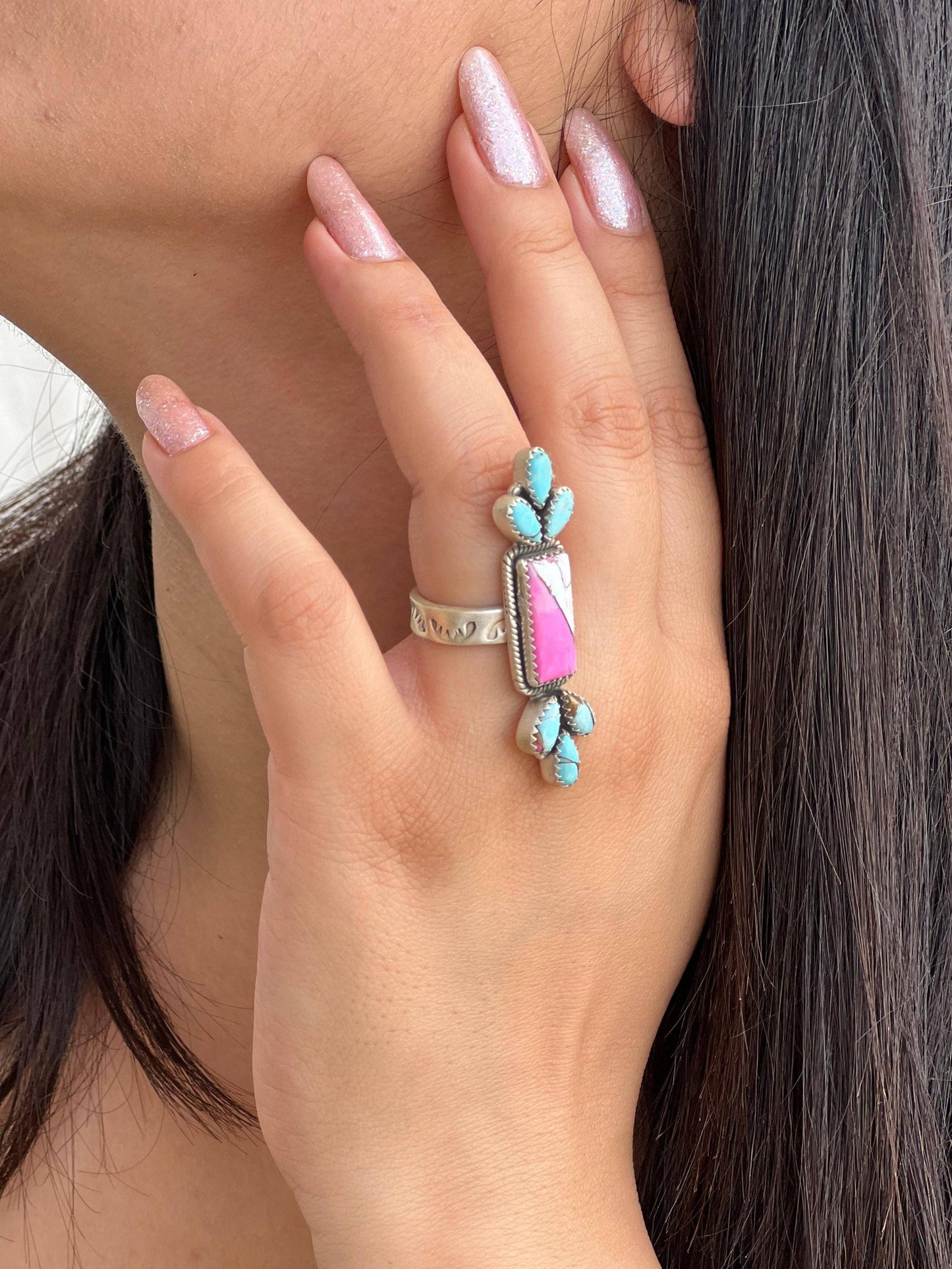 Handmade Sterling Silver Cotton Candy Turquoise Adjustable Ring with Signed Nizhoni