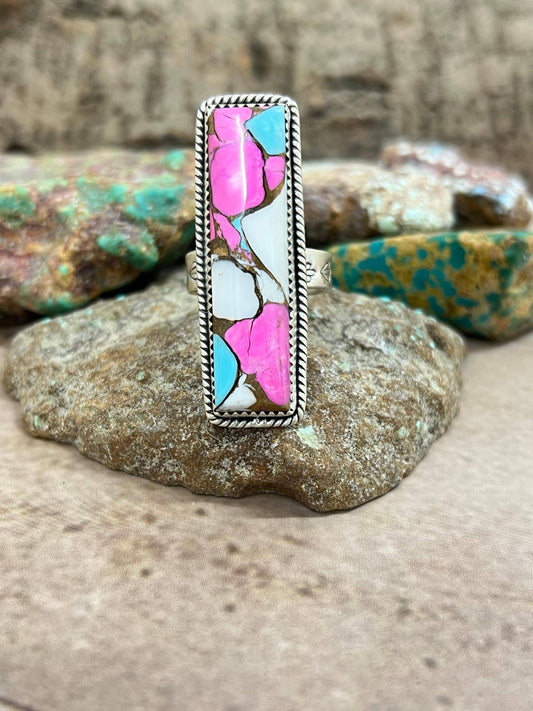 Handmade Sterling Silver Cotton Candy Turquoise Adjustable Ring with Signed Nizhoni