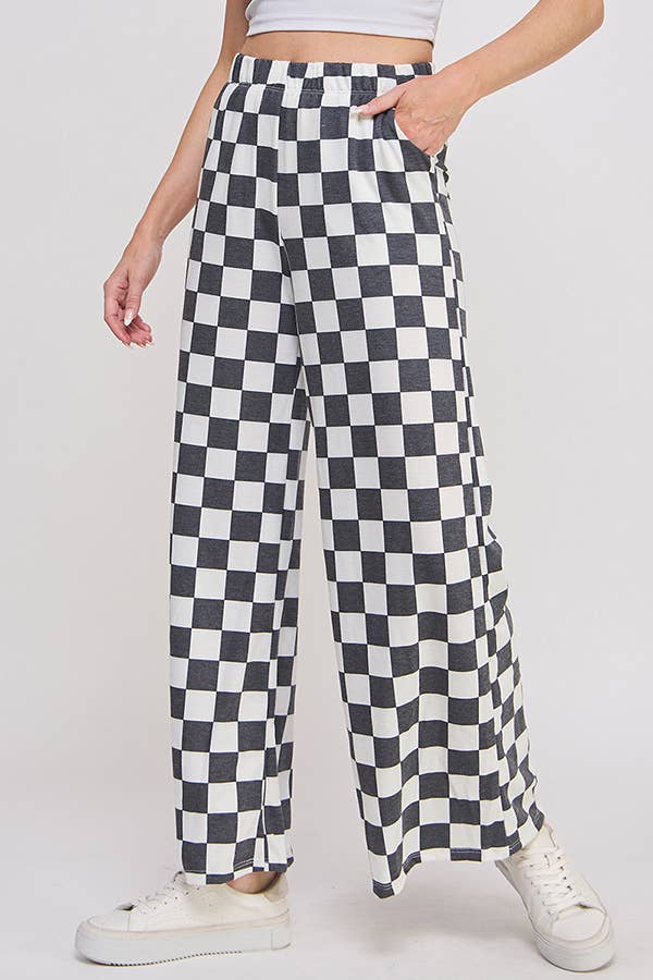 HIGH WAIST CHECKERED STRAIGHT LEG KNIT PANTS