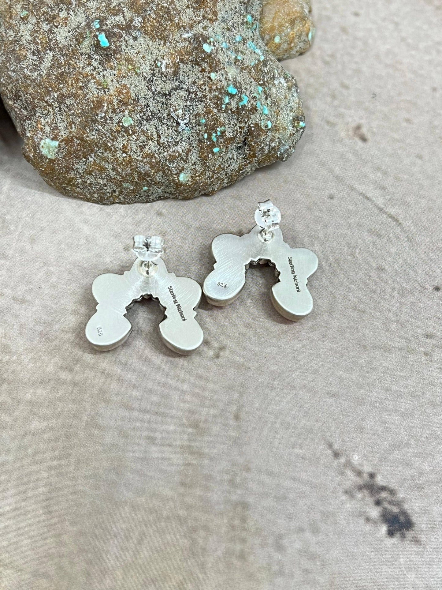 Handmade Sterling Silver Cotton Candy Turquoise Squash Blossom Post Earrings with Signed Nizhoni