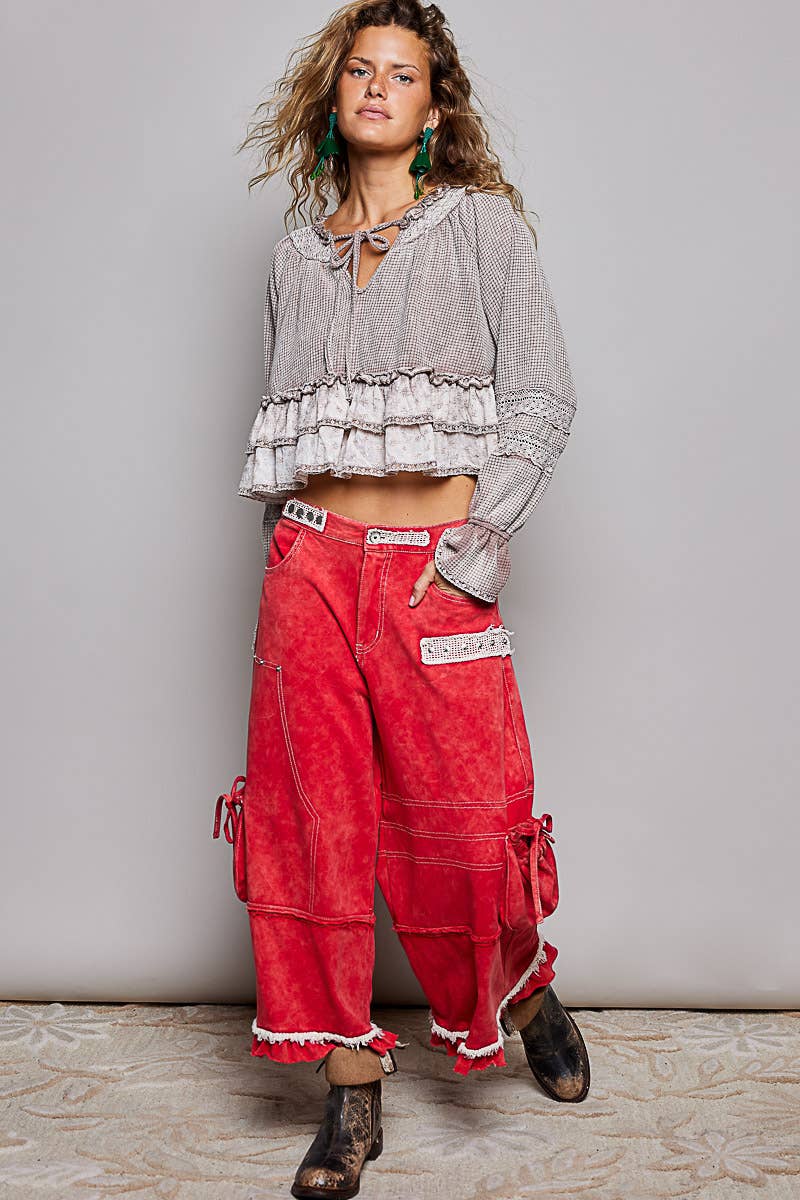 Deep V-Neck Cotton Eyelet Ruffle Balloon Sleeve Thermal Top