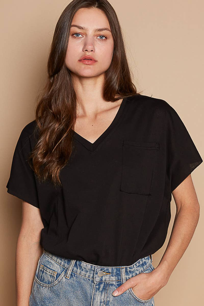 Oversized v-neck front pocket short sleeve solid top SALE