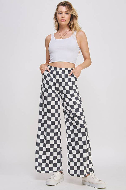 HIGH WAIST CHECKERED STRAIGHT LEG KNIT PANTS