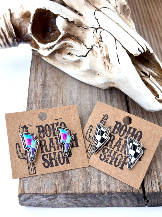 Western Checker Checkered Lightning Stud Earrings