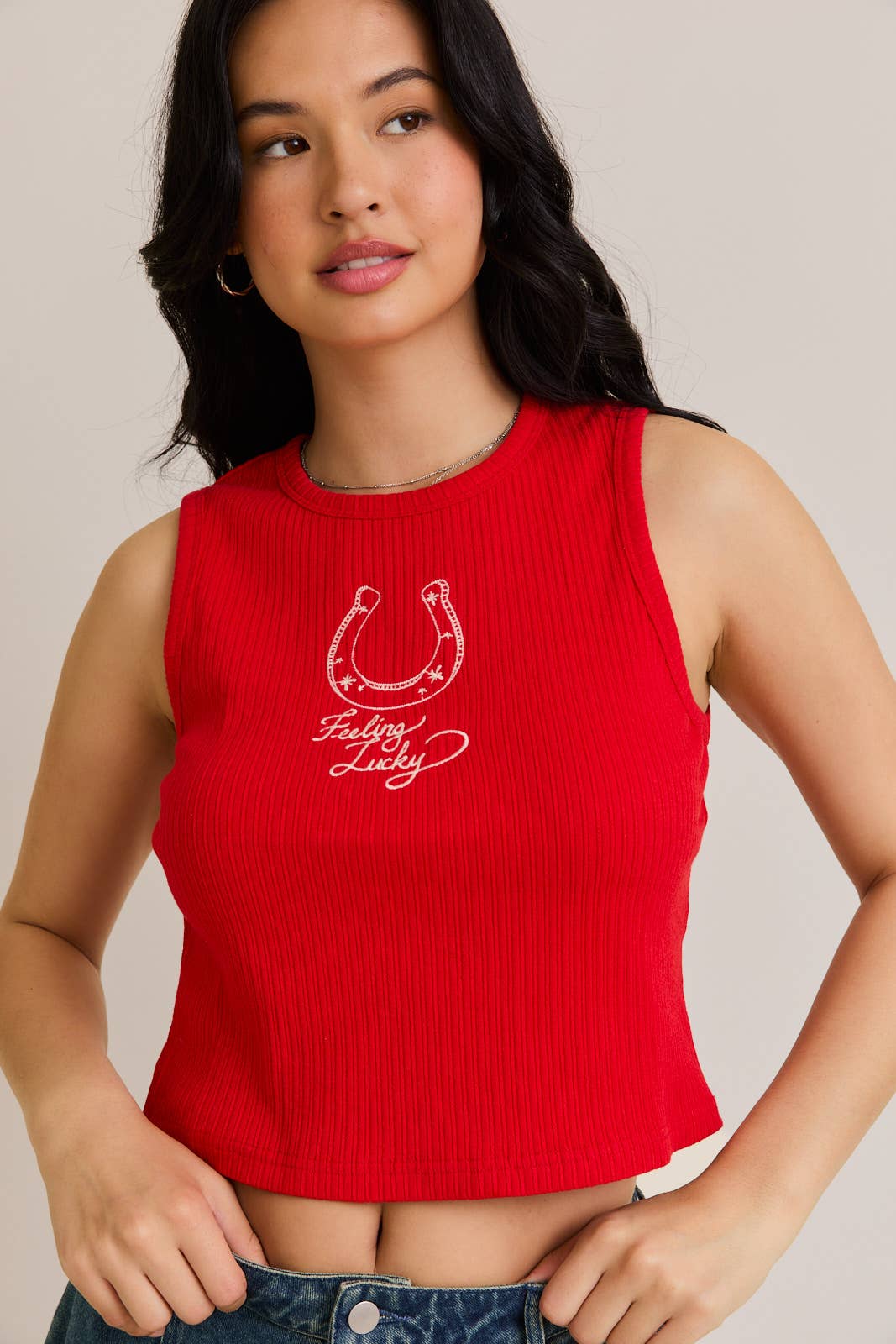 EMBROIDERY DETAIL RIB TANK TOP