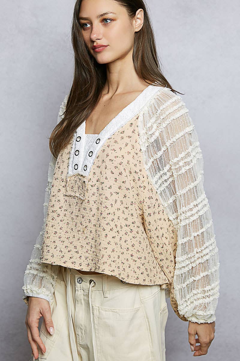 Long Sleeve V neck Lace Contrast Printed Woven Top