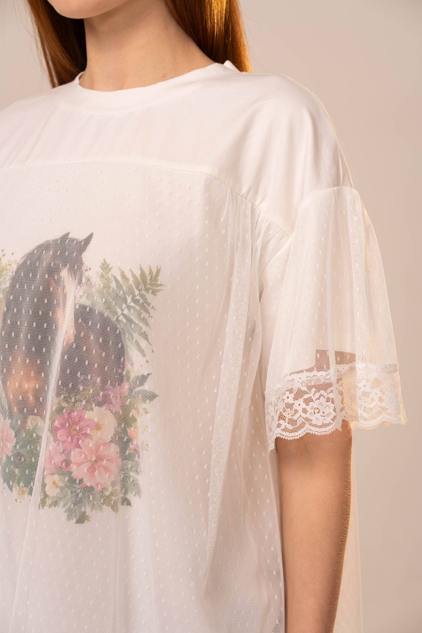 Horse Print Mesh Lace Trim T-Shirt