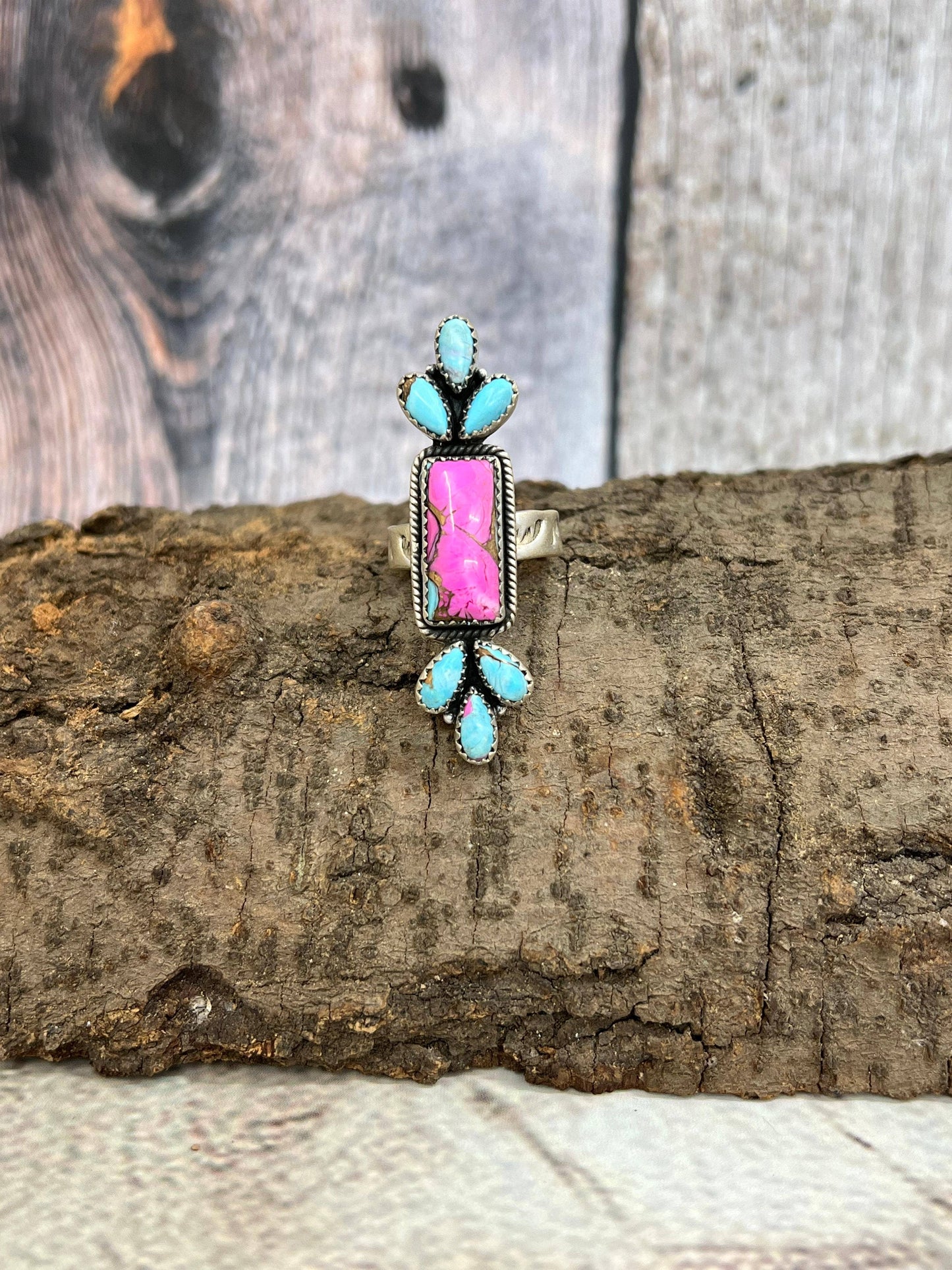 Handmade Sterling Silver Cotton Candy Turquoise Adjustable Ring with Signed Nizhoni