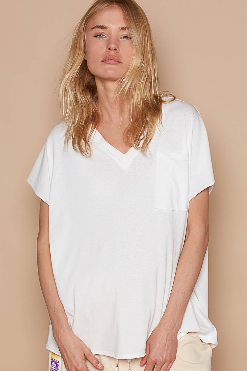 Oversized v-neck front pocket short sleeve solid top SALE