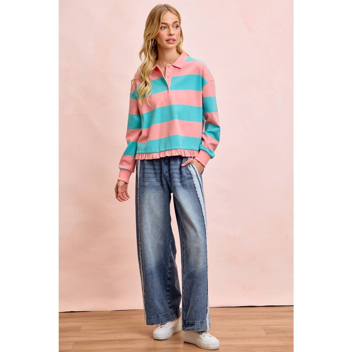 WASHED LACE CONTRAST SIDED DENIM PANTS