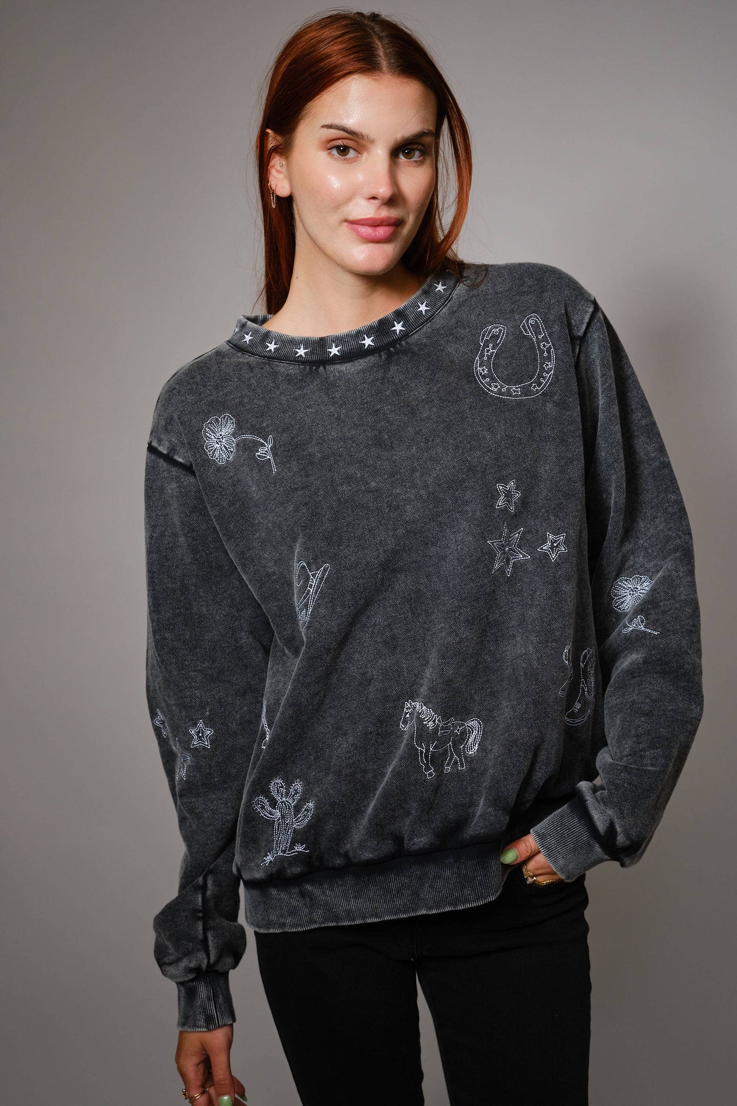 Mineral Wash Western Embroidered Sweatshirt