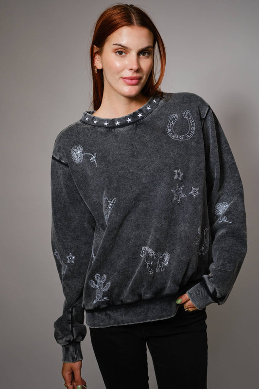 Mineral Wash Western Embroidered Sweatshirt