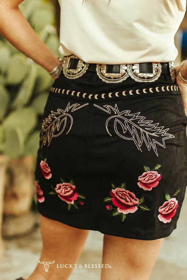 Black Stretch Suede Floral Embroidered Skirt