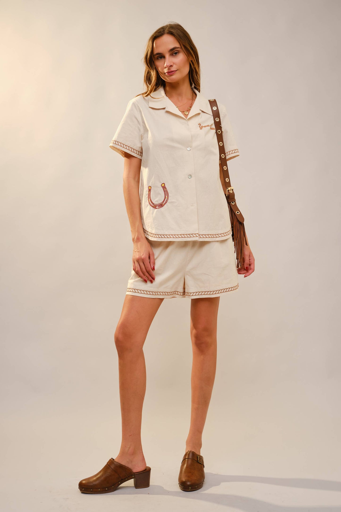 Western Embroidered Shirt Shorts Set