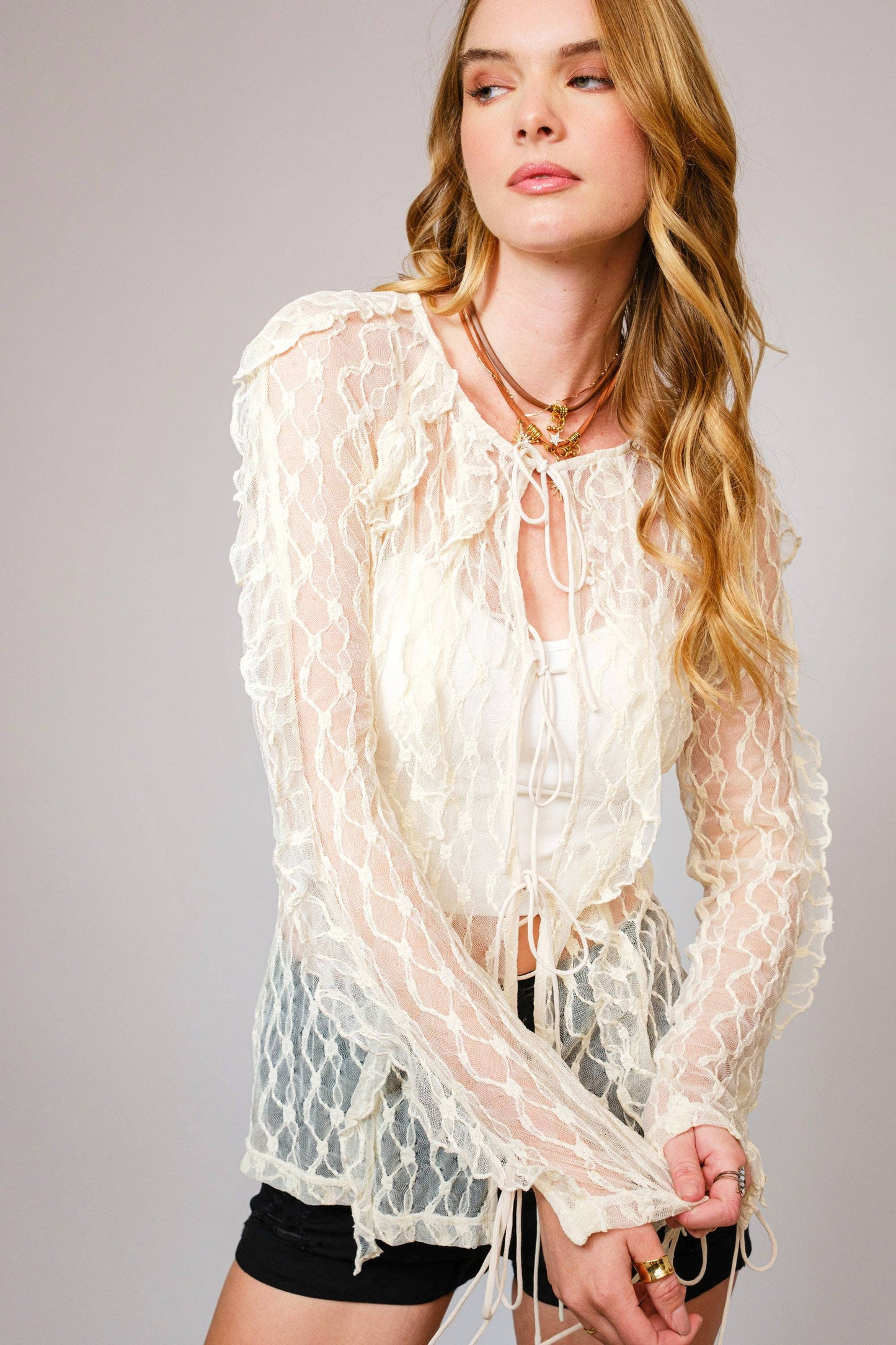 Sheer Ruffle Lace Tie Front Blouse