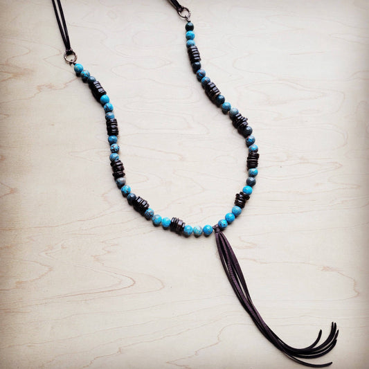 **Ocean Agate Necklace with Wood Beads and Leather Tassel