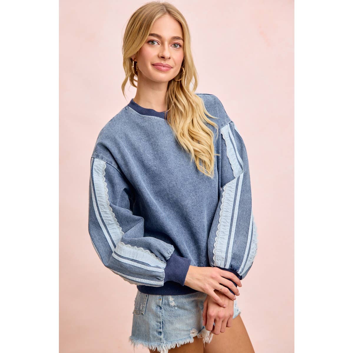 WASHED DENIM LACE CONTRAST SIDED SWEATSHIRT TOP