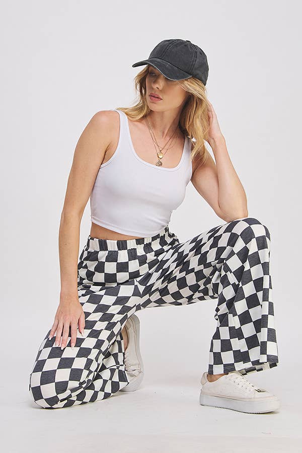 HIGH WAIST CHECKERED STRAIGHT LEG KNIT PANTS