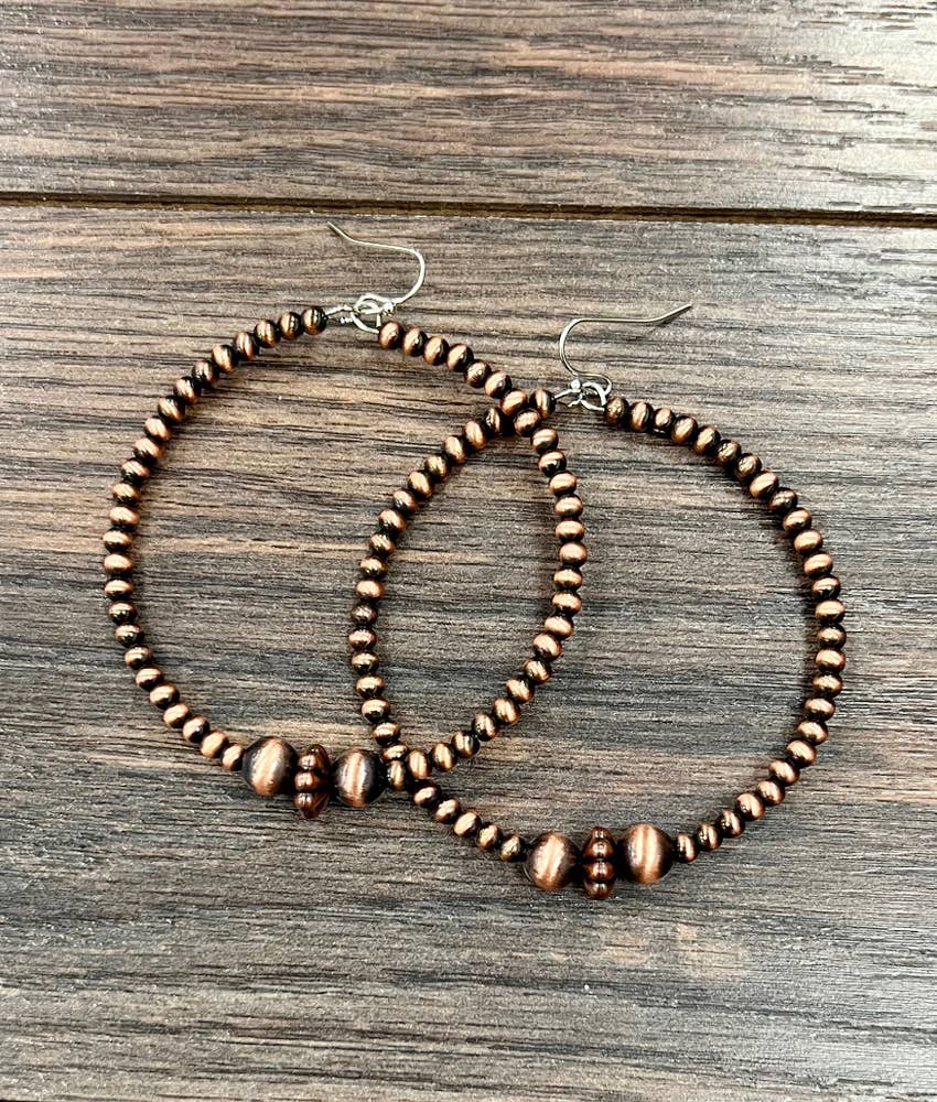 721418, Handmade Copper Navajo Bead Hoop Earrings
