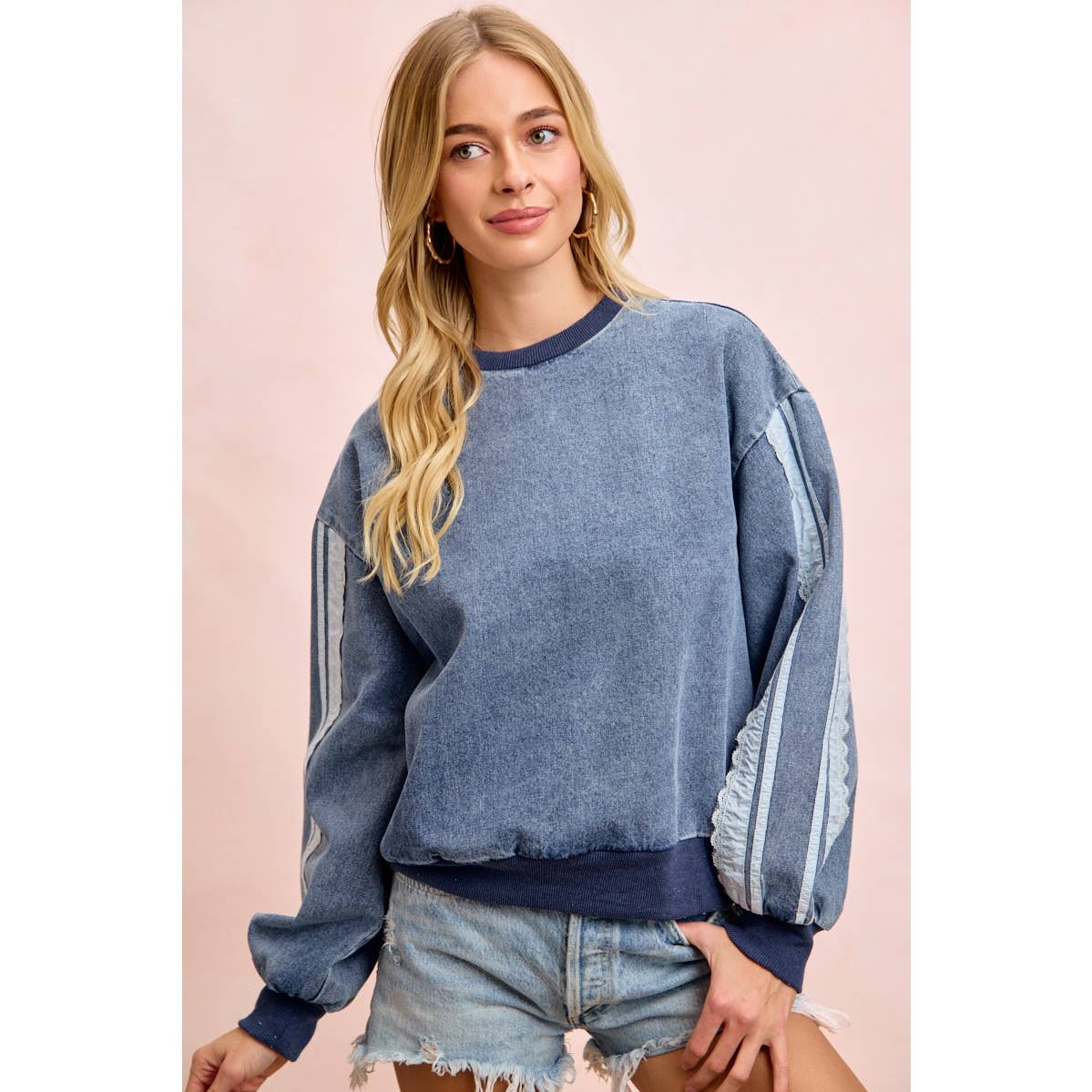 WASHED DENIM LACE CONTRAST SIDED SWEATSHIRT TOP