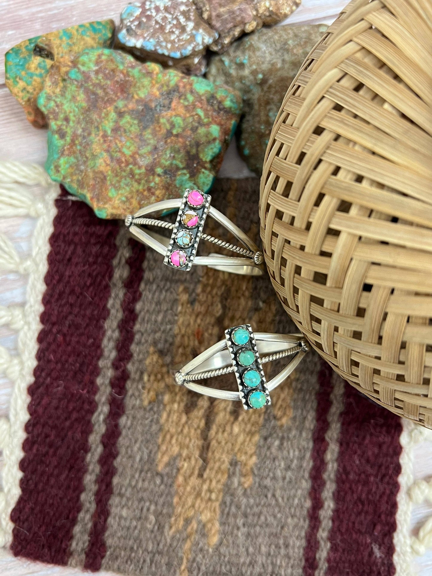 Handmade Sterling Silver Cotton Candy, Kingman Turquoise Cuff Bracelet with Signed Nizhoni