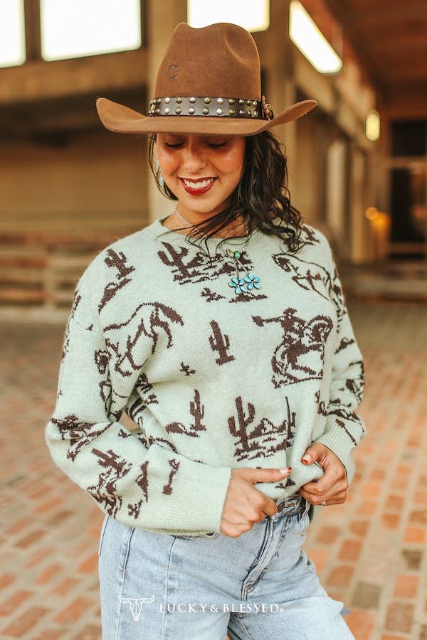 Olive Western Desert Printed Knitted Long Sleeve Sweater