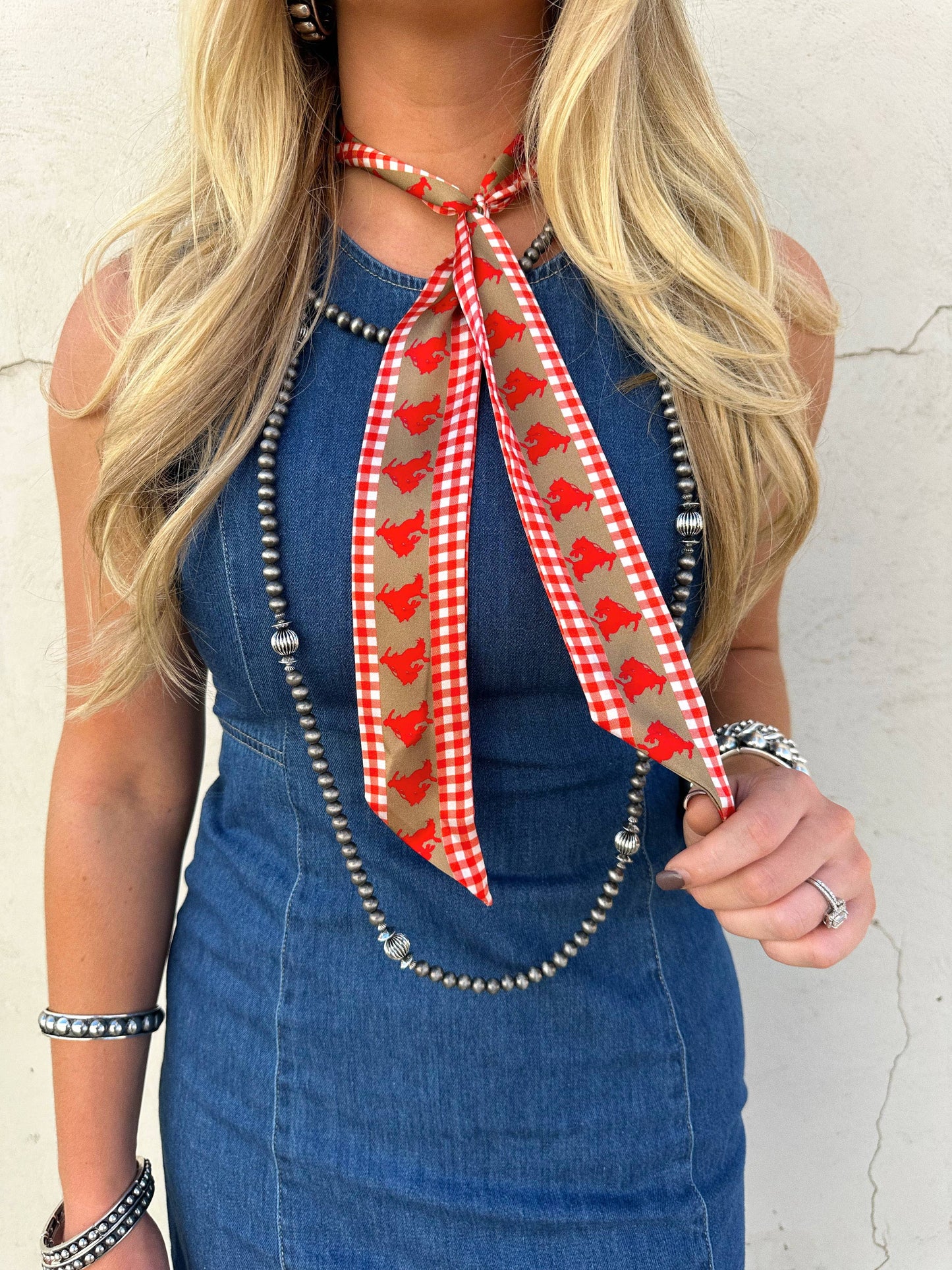 Tan Silk Twilly Scarf with Red Buck Horse and Red Gingham