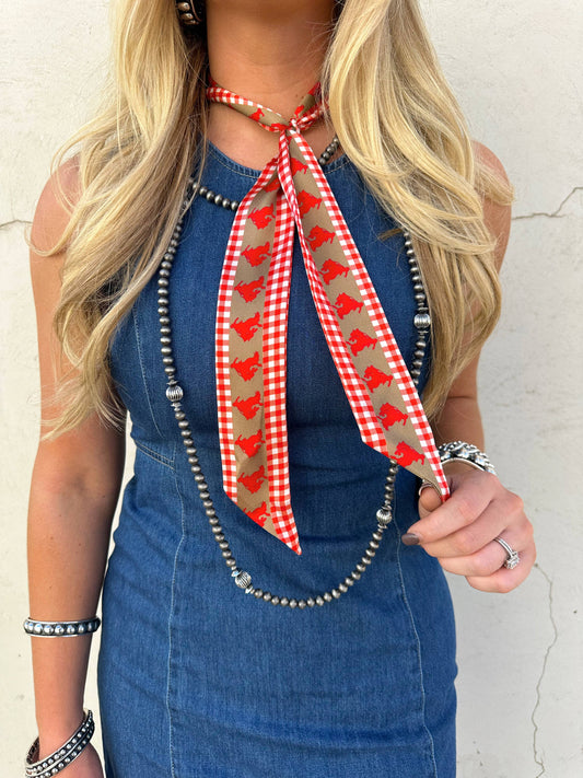 Tan Silk Twilly Scarf with Red Buck Horse and Red Gingham