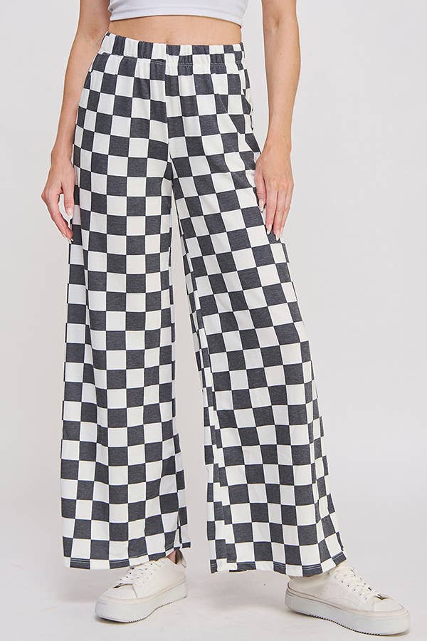 HIGH WAIST CHECKERED STRAIGHT LEG KNIT PANTS