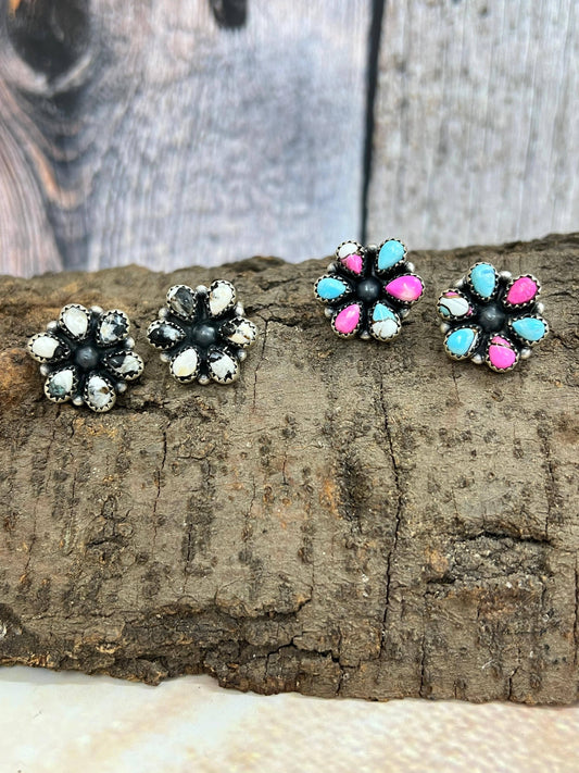 Handmade Sterling Silver White Buffalo, Cotton Candy Turquoise Studs with Signed Nizhoni