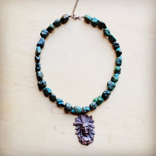 **Natural Turquoise Collar Necklace Indian Head Pendant