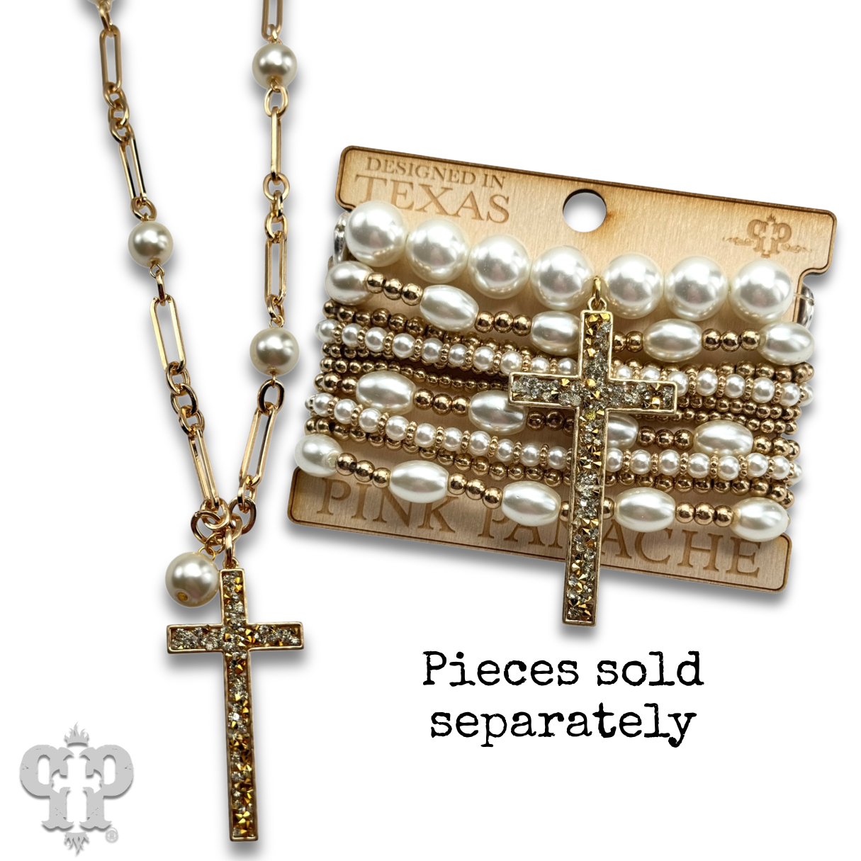Gold and pearl bead necklace with cross pendant
